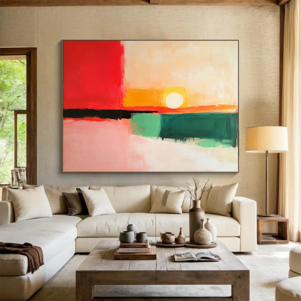 “Color Block Sunset” - Red, Orange, Yellow, Green, Pink, Minimalist Abstract Sunset Painting On Canvas HB1069