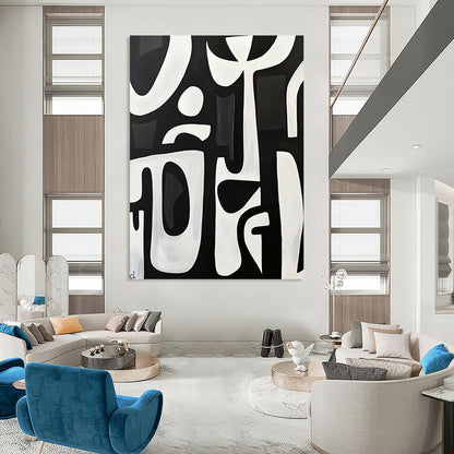 Large contemporary hand-painted abstract artwork featuring bold white shapes on a black background with minimalist design and elegant simplicity. DLZ1426