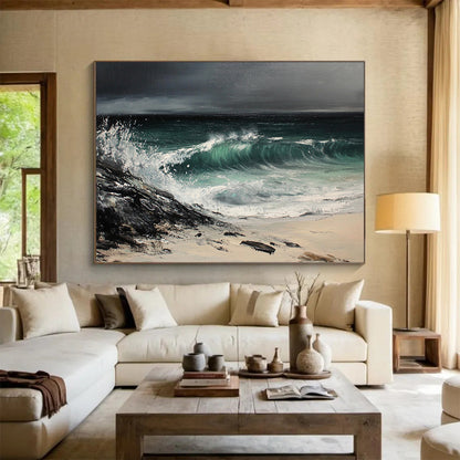 Black, Green, White and Beige Stormy Seaside "Tempest Tide" Painting On Canvas HB0669