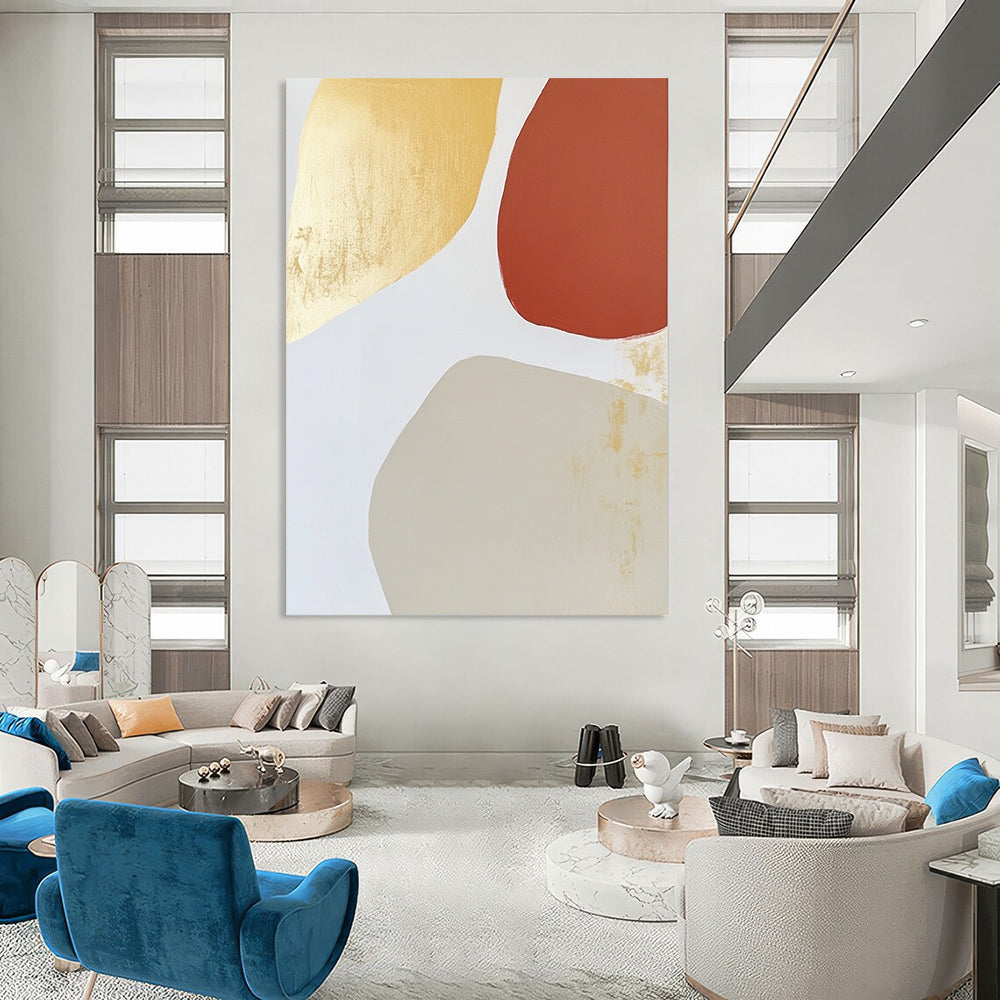 Contemporary abstract art features warm tones with an irregular oval shape, minimalist brushstrokes, and gold leafing on a light gray background. DLZ1518