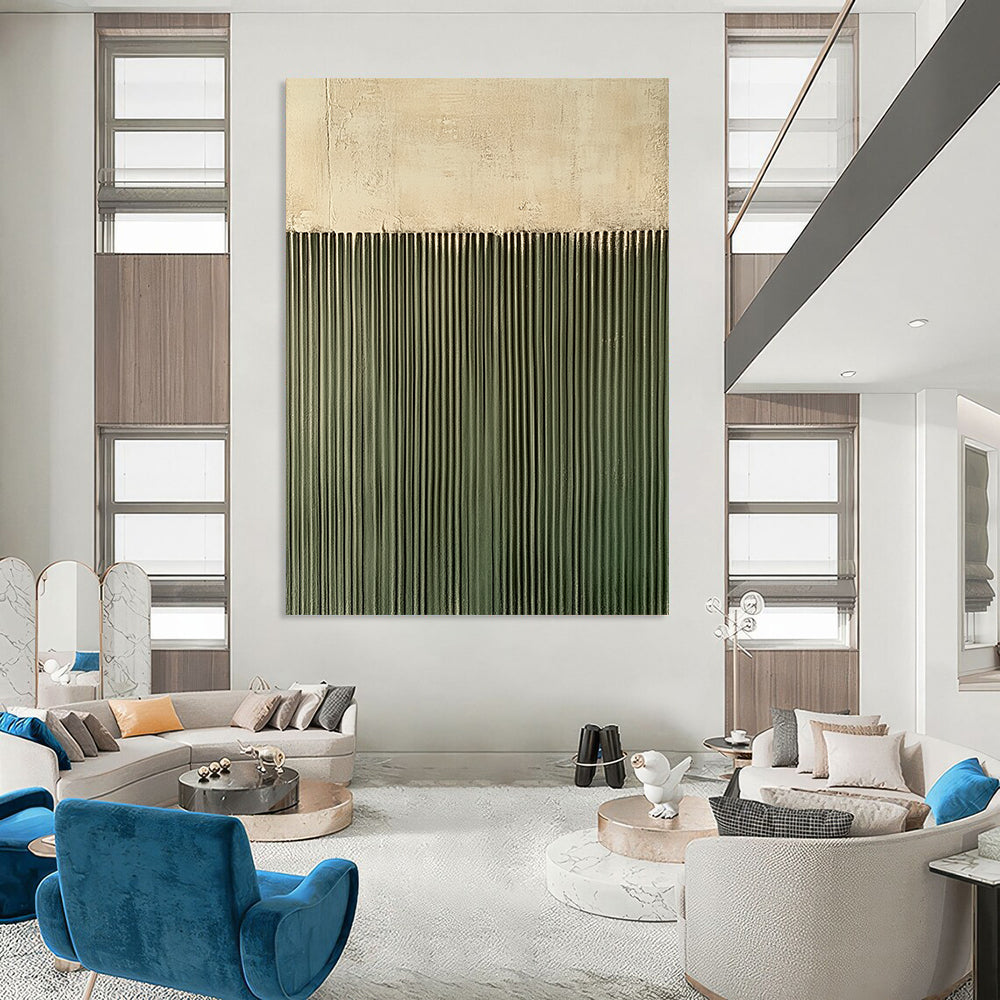 Contemporary hand-painted abstract art featuring a textured green wall with vertical lines against a soft gray background, creating a compelling visual contrast. DLZ1711