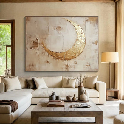 “Gilded Crescent Moonlit” - Gold, Beige, Brown, Textured Celestial Symbol Scenes Painting On Canvas HB1024