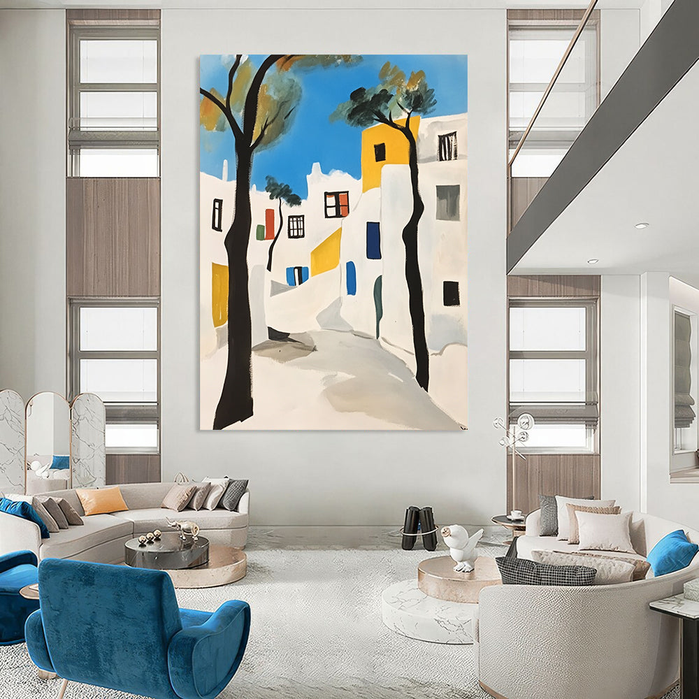 Contemporary hand-painted abstract art featuring Mykonos white buildings with black outlines minimalistic shapes and vibrant blue trees against a crisp white background. DLZ1383