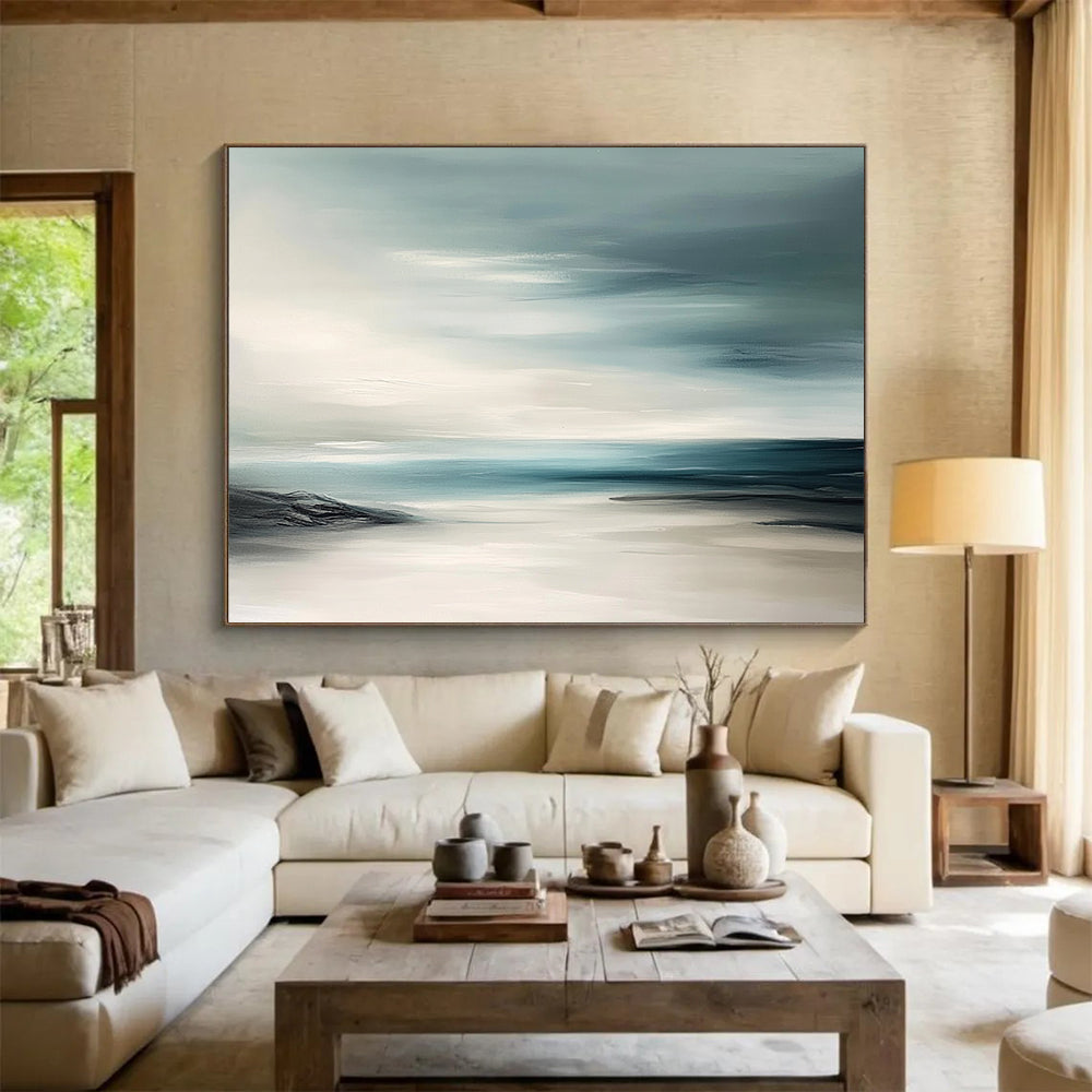 “Abstract Coastal Horizons” - Teal, White, Abstract Coastal Painting On Canvas HB0701