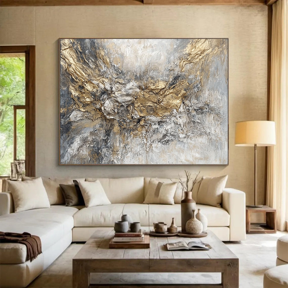 “Golden - Gray Textured Abstraction” - Gold, Gray, Textured Swirls Painting On Canvas HB0786