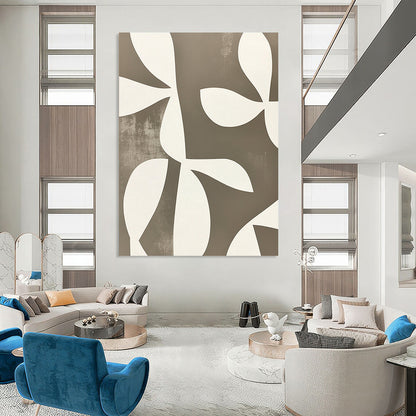 Contemporary abstract artwork featuring minimalist shapes and overlapping floral forms in white on grey, echoing Matisse’s style with defined edges. DLZ1648