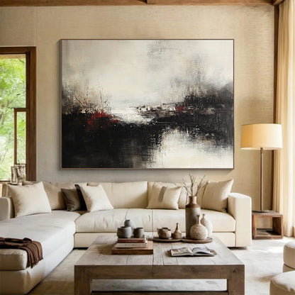 Black, White, and Red Abstract Landscape - “Moody Terrain” Painting On Canvas HB1450