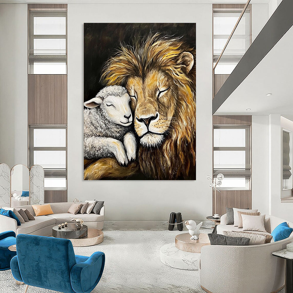 Contemporary abstract painting depicting a lion and lamb in peaceful slumber on a black canvas showcasing harmony and friendship. DLZ1300