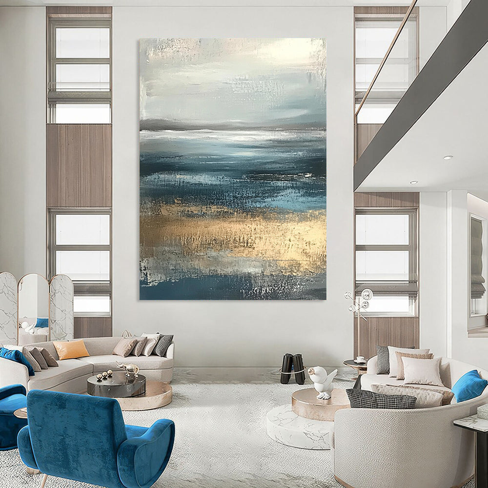 Contemporary hand-painted abstract artwork featuring soft edges in neutral colors with calming blue and gray tones of the sea and sky. DLZ0789