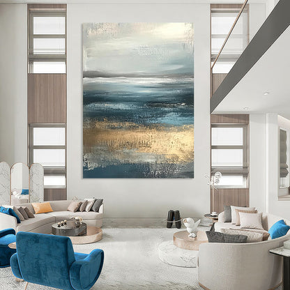 Contemporary hand-painted abstract artwork featuring soft edges in neutral colors with calming blue and gray tones of the sea and sky. DLZ0789