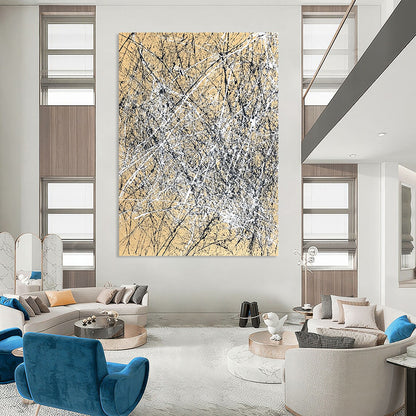 Contemporary hand-painted abstract artwork features dynamic brush strokes and expressive composition in white and black against a light brown background. DLZ1162
