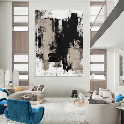 Contemporary hand-painted abstract art featuring beige tones on a white background with dark gray accents, adding elegance to any space. DLZ0294