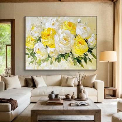 “Yellow - White Peony Bouquet” - Yellow, White, Green, Thick - textured Peony Bouquet - Impasto Oil Painting HB1778