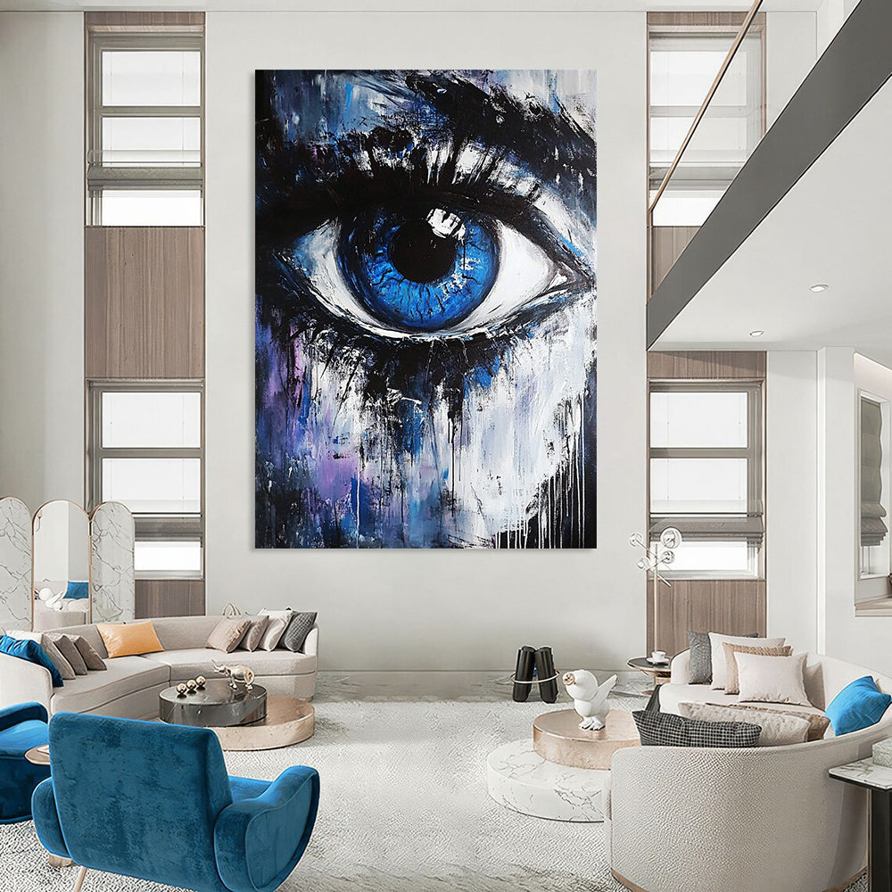 Contemporary abstract painting featuring a blue and white eye with black hints against a dark gray and light purple background, evoking emotional and magical themes. DLZ0952