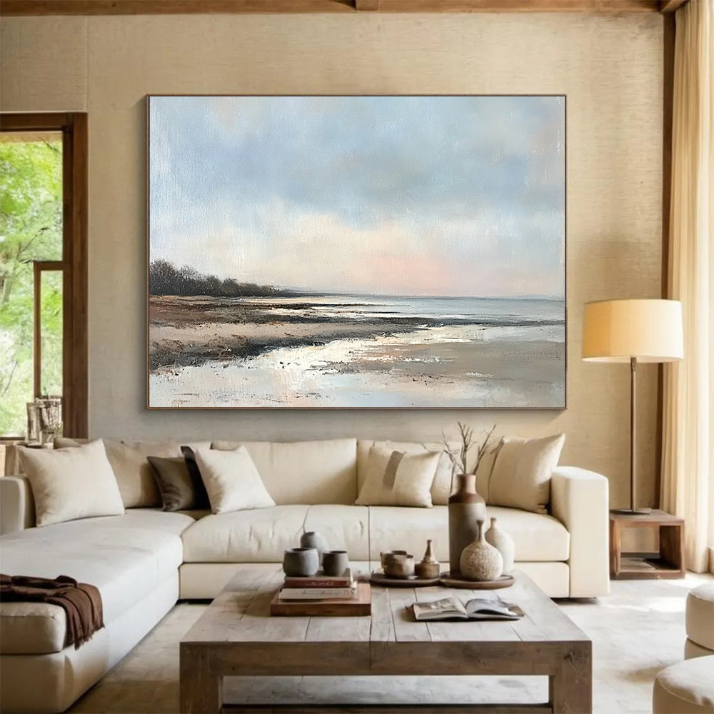 “Serene Coastal Shore” - Blues, Browns, Whites, Beach Scene - Realist Oil Painting HB1594