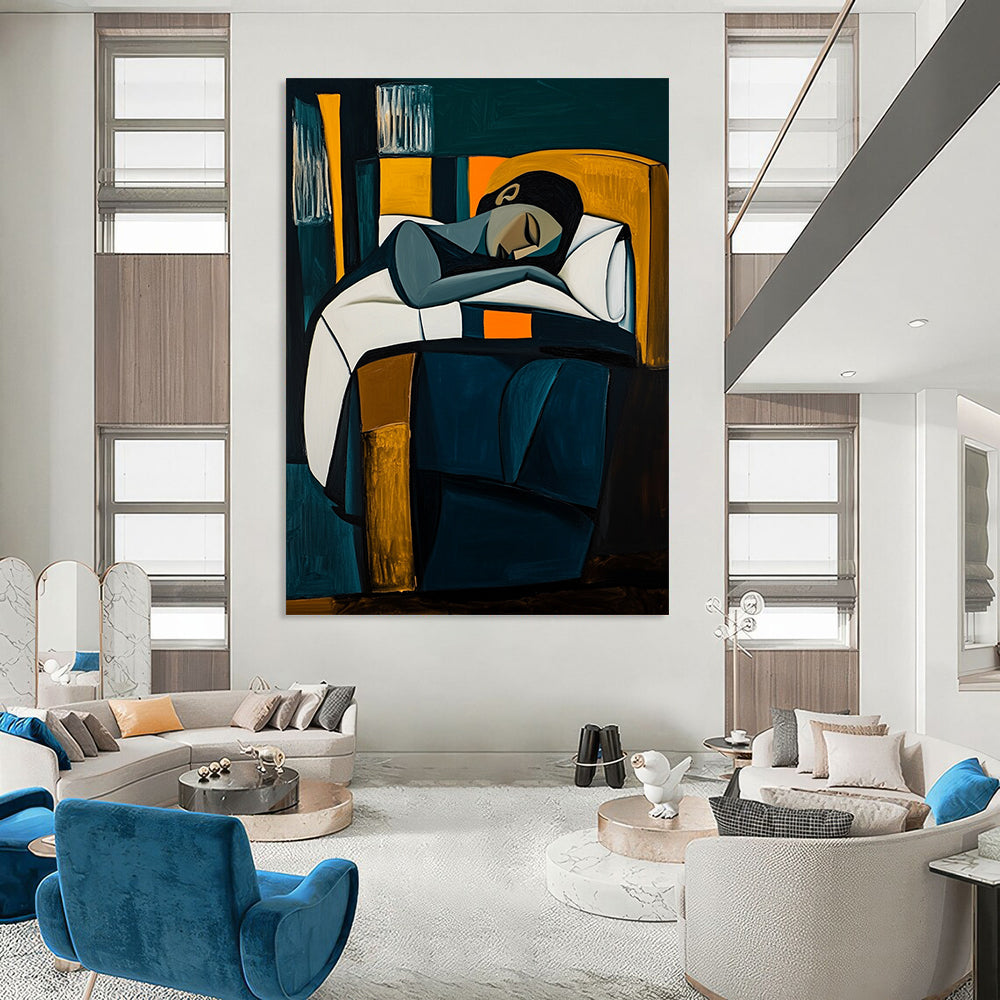 Contemporary abstract painting featuring a woman in bed with dark blue and white tones geometric shapes and vibrant orange elements against a dark green background. DLZ1525