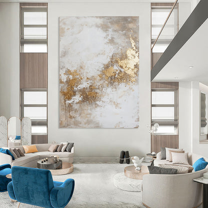 Contemporary hand-painted abstract artwork featuring dynamic paint splatters and luxurious gold foil accents against a backdrop of beige and grey hues. DLZ0534