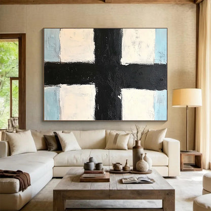“Black Cross Geometry” - Black, White, Blue, Minimalist Abstract Geometric Painting On Canvas HB1074
