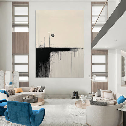 Contemporary hand-painted abstract art featuring minimalist black brushstrokes on a textured white canvas with a contrasting circle for balance. DLZ0766
