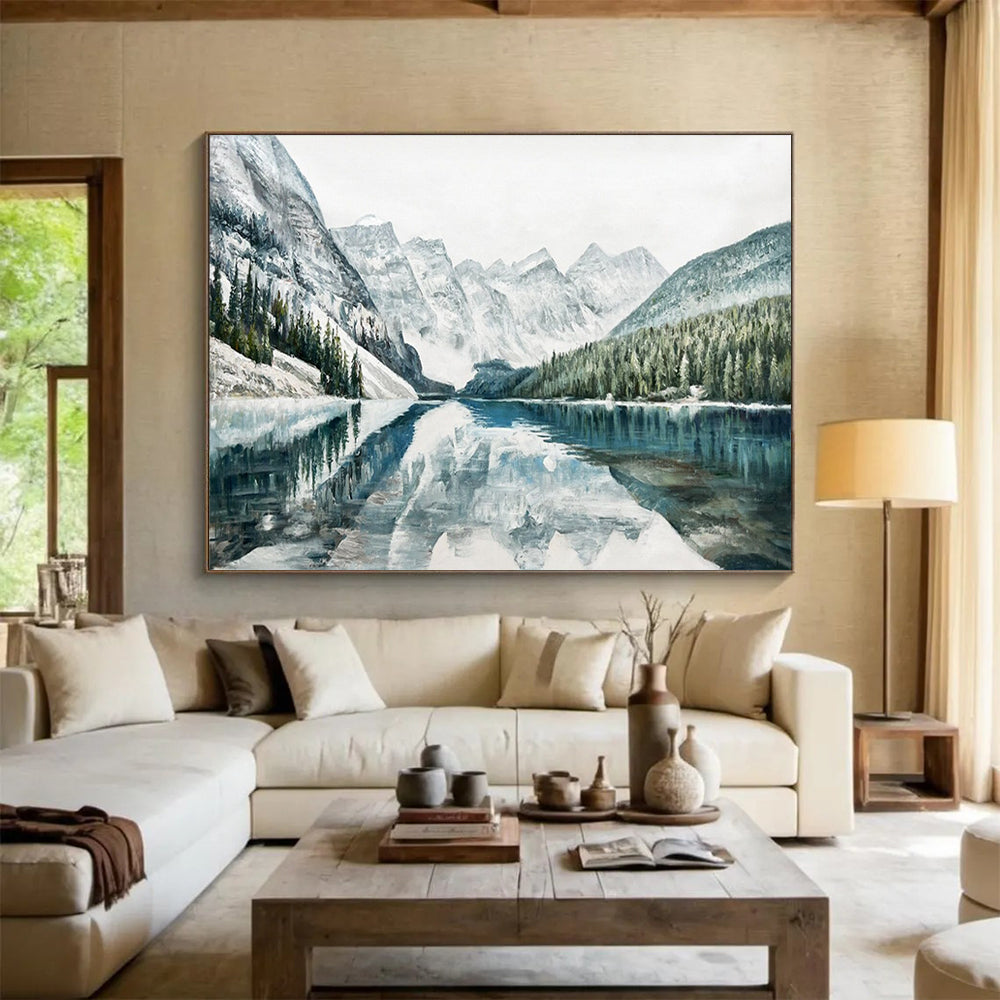 Snowy Mountain Lake Reflection - Serene Living Room Art DLZ221