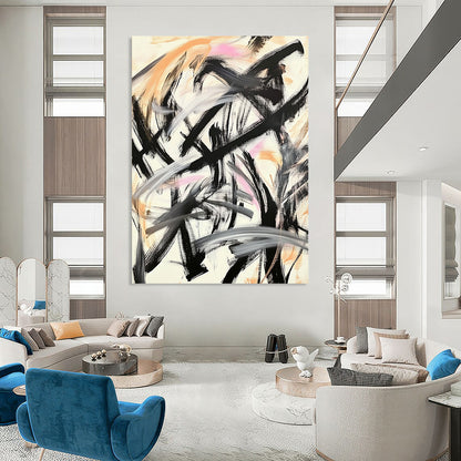 Contemporary hand-painted abstract art featuring Chinese calligraphy black brush strokes with gold and pink accents for a dynamic expression. DLZ1563