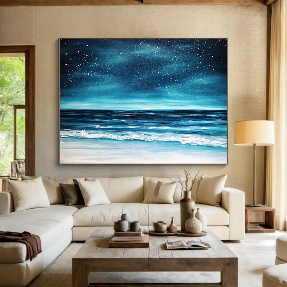 “Midnight Ocean Beach” - Deep Blues, Blacks, Whites, Beach Under a Star - Filled Sky - Impasto Oil Painting HB1743