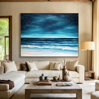“Midnight Ocean Beach” - Deep Blues, Blacks, Whites, Beach Under a Star - Filled Sky - Impasto Oil Painting HB1743