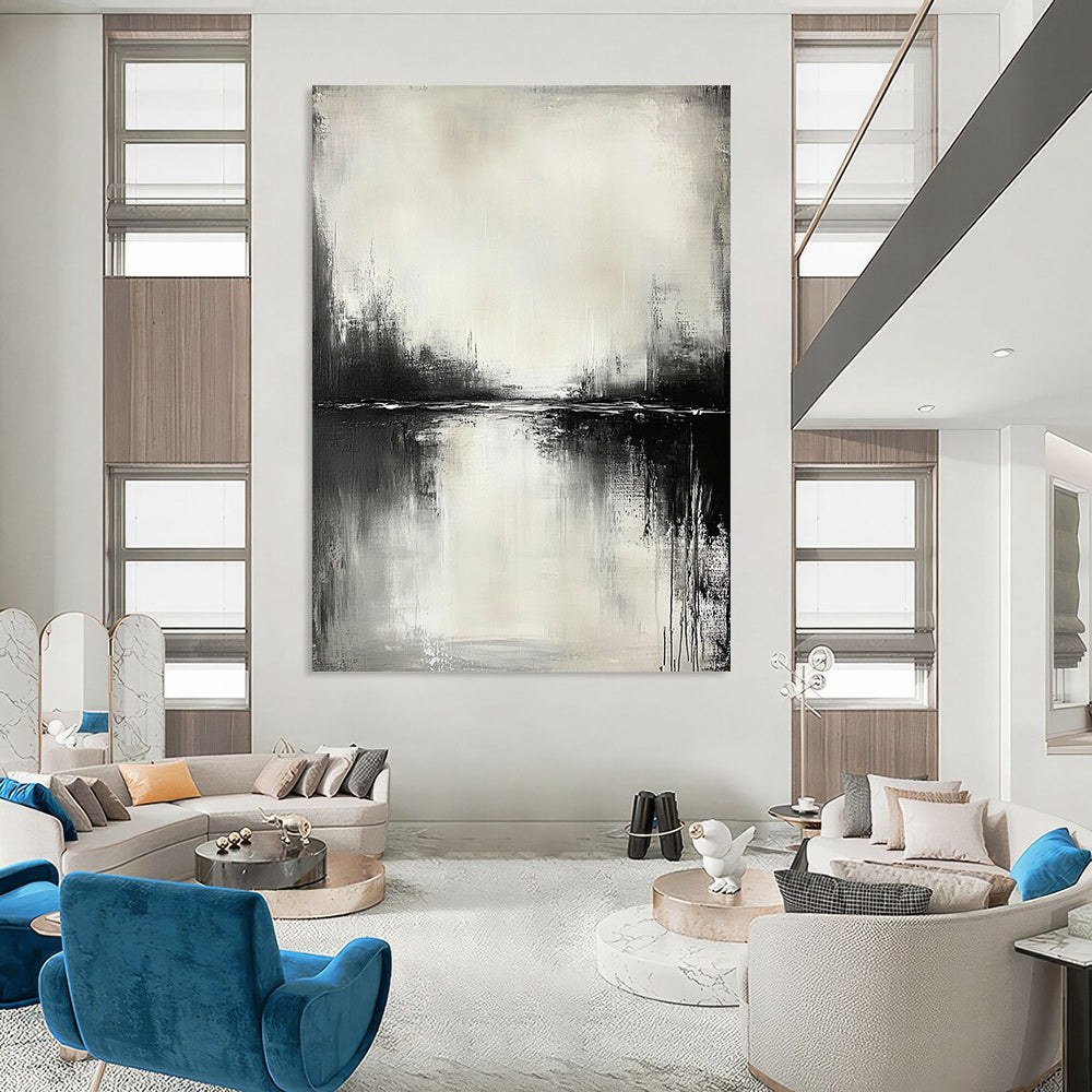 Contemporary abstract painting in black and white with serene water reflections and neutral tones, crafted using oil paint for a tranquil atmosphere. DLZ0399