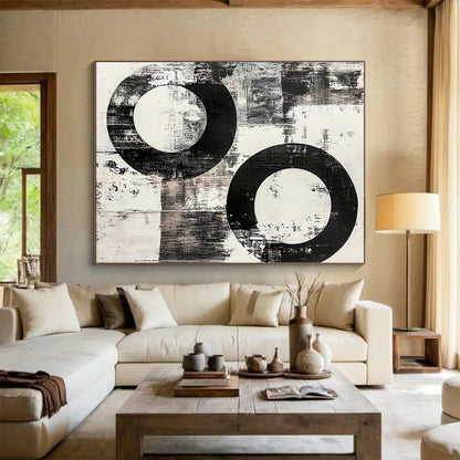 Black and White Textured Circles "Rough Harmony" Painting On Canvas HB258