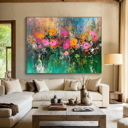 “Wildflower Symphony” - Pink, orange, yellow, green; Thick, textured blooms in a vibrant field; Impasto Floral Oil Painting On Canvas HB1172