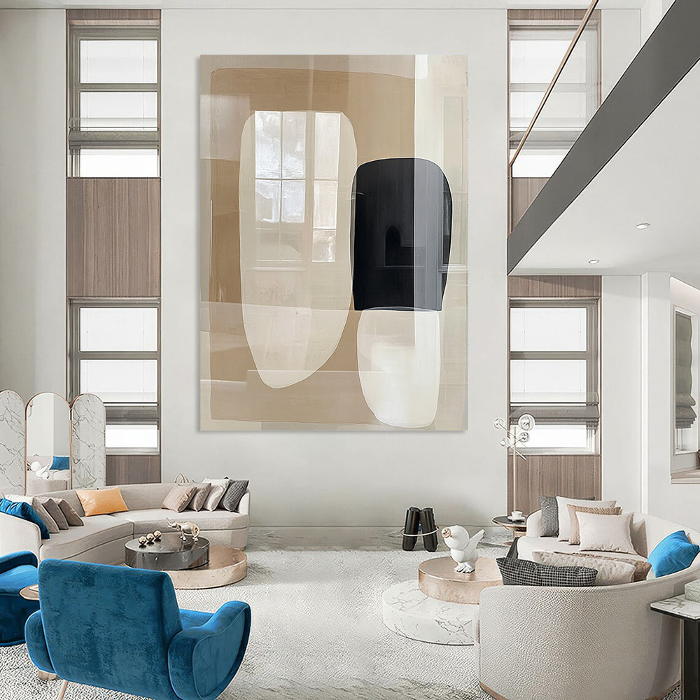Contemporary abstract painting featuring large beige and white shapes with negative space and a central black form reflecting windows on a glass surface. DLZ1631