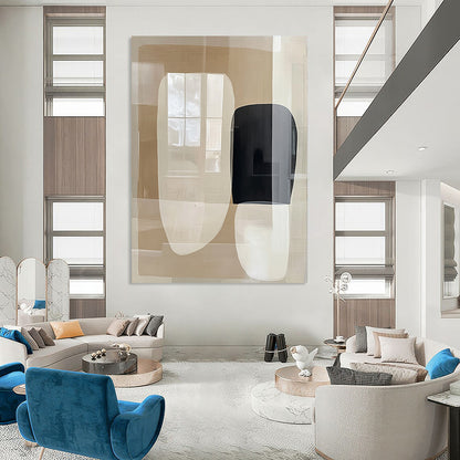 Contemporary abstract painting featuring large beige and white shapes with negative space and a central black form reflecting windows on a glass surface. DLZ1631