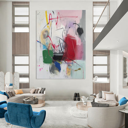 Bold contemporary abstract artwork featuring vibrant pink red green blue white black purple yellow orange hues with expressive scribbles and graffiti elements. DLZ1049