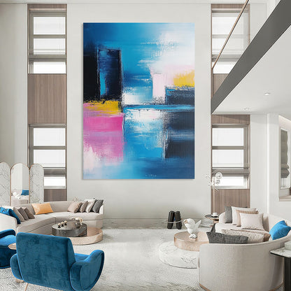 Modern abstract artwork features vibrant blue and pink brushstrokes, showcasing a contemporary cityscape against a soft sky and serene sea. DLZ0348