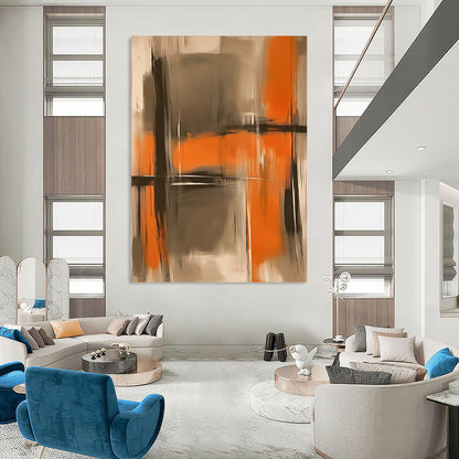 Contemporary hand-painted abstract artwork featuring soft oranges and grays with blurred figures and a grainy texture for a hazy atmospheric effect. DLZ1015