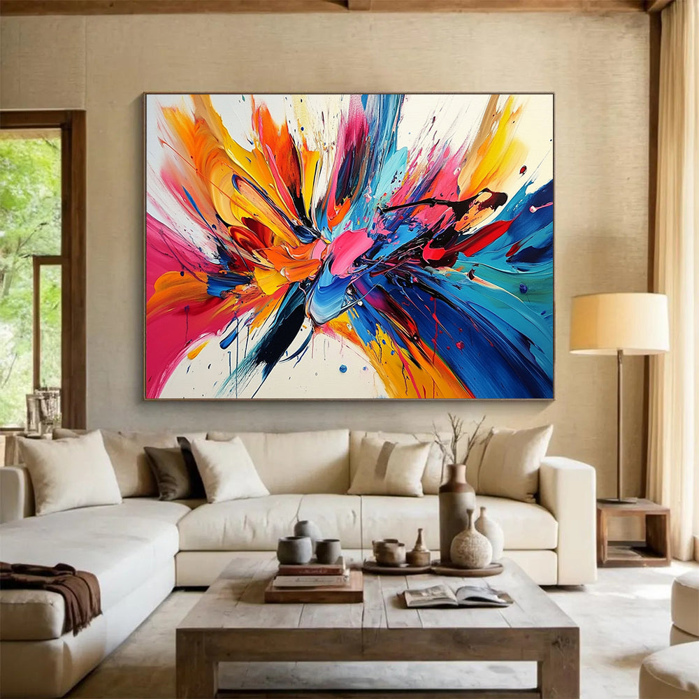 “Explosive Colorful Splashes” - Colorful Palette, Explosive Paint Splashes Painting On Canvas HB0860