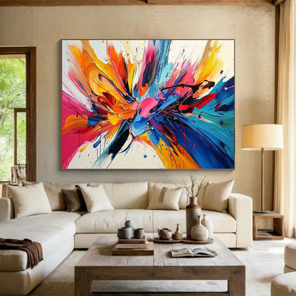 “Explosive Colorful Splashes” - Colorful Palette, Explosive Paint Splashes Painting On Canvas HB0860