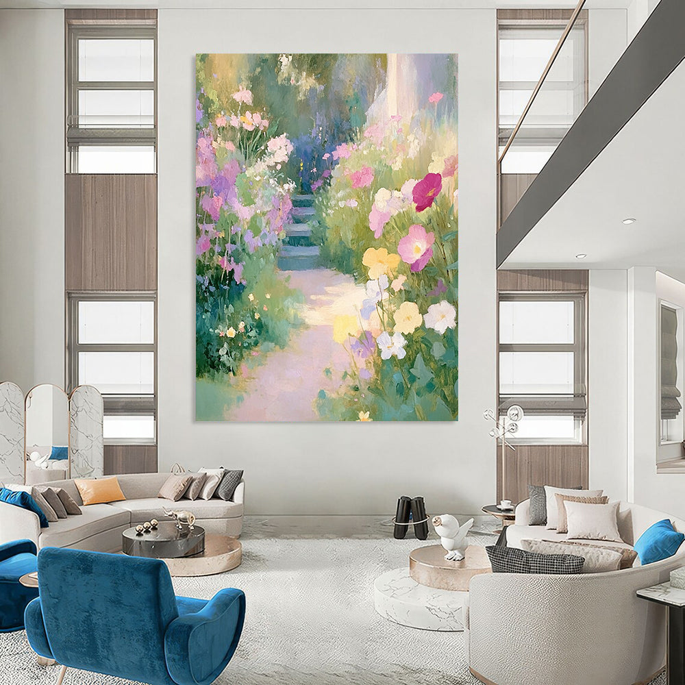 Contemporary hand-painted abstract art featuring an English garden with pastel wildflowers and a winding path leading to lush greenery. DLZ1502