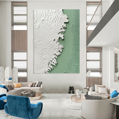 Contemporary abstract artwork featuring a soft sage green wall and delicate white textured paint resembling intricate lace, emphasizing rich color and texture. DLZ1214