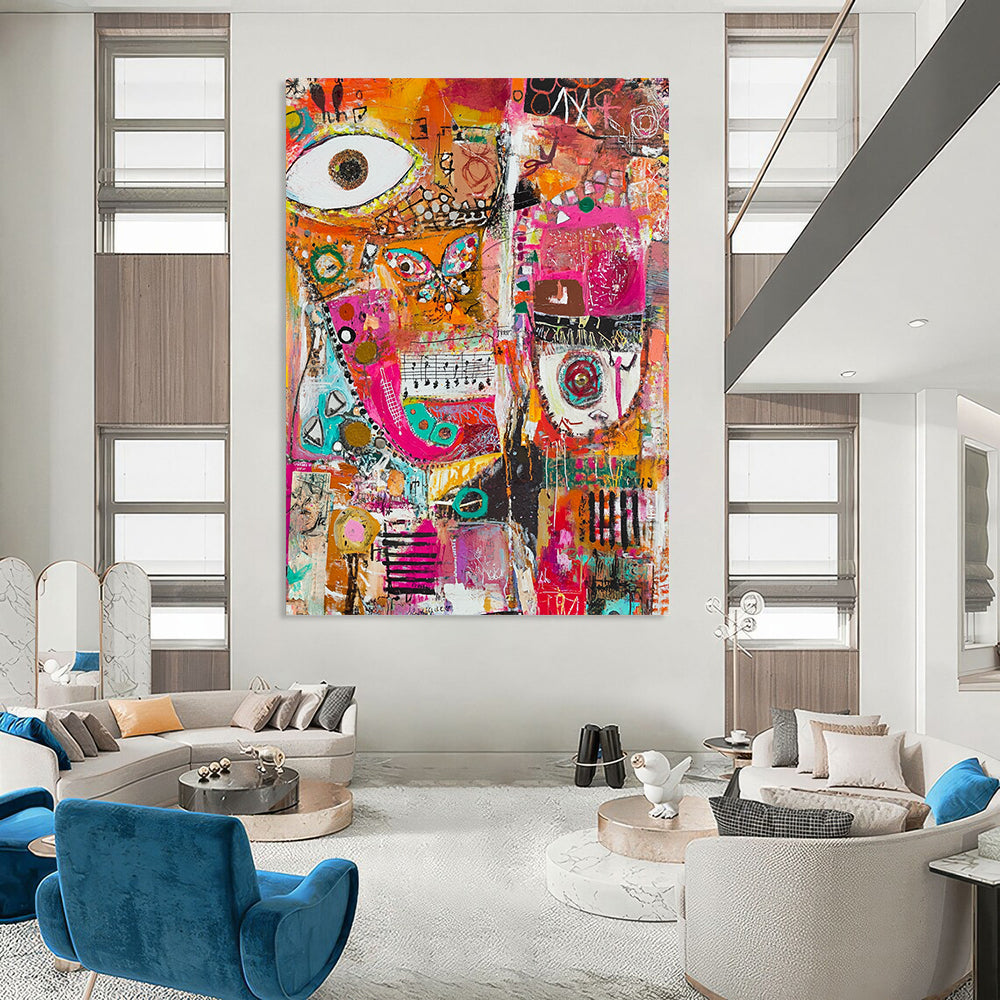 Vibrant contemporary abstract painting featuring joyful collage of musical notes fabric scraps paint splatters and geometric forms celebrating creativity and expression. DLZ0948
