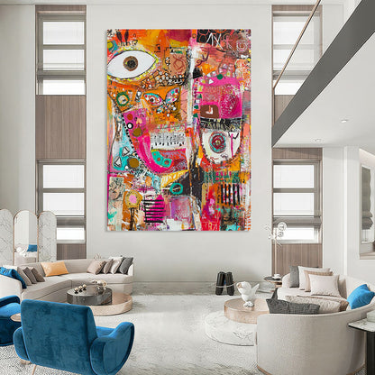 Vibrant contemporary abstract painting featuring joyful collage of musical notes fabric scraps paint splatters and geometric forms celebrating creativity and expression. DLZ0948