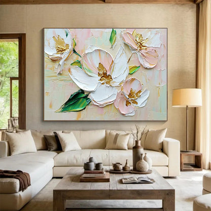 “Textured White - Pink Flowers with Gold Centers” - Impasto Floral Painting On Canvas HB0506