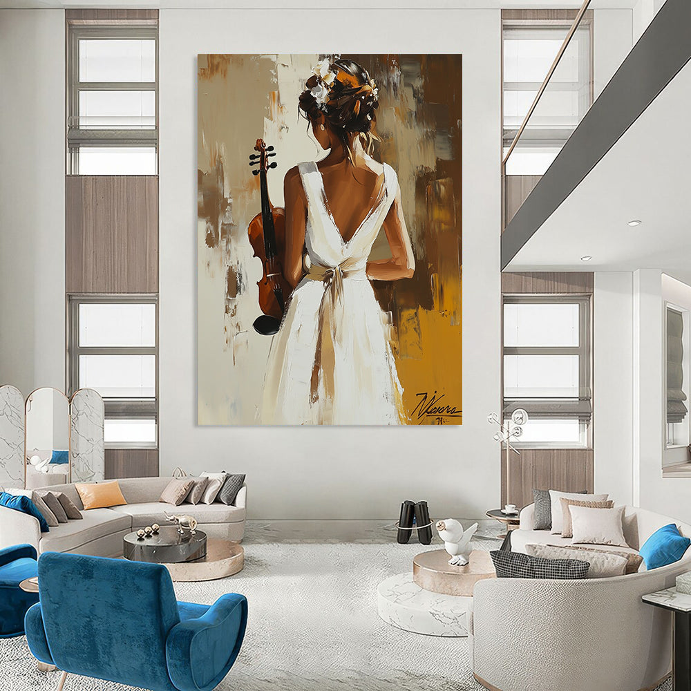 Contemporary abstract painting featuring a woman in a white dress holding a violin, inspired by the elegance of Peter Wileman. DLZ1129