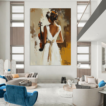 Contemporary abstract painting featuring a woman in a white dress holding a violin, inspired by the elegance of Peter Wileman. DLZ1129