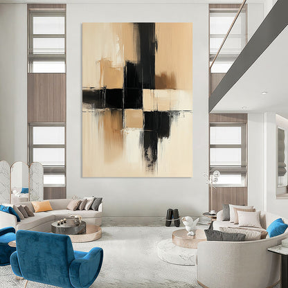 Contemporary hand-painted abstract art featuring thick brush strokes in a beige and black palette with large geometric shapes on a neutral canvas texture. DLZ0549