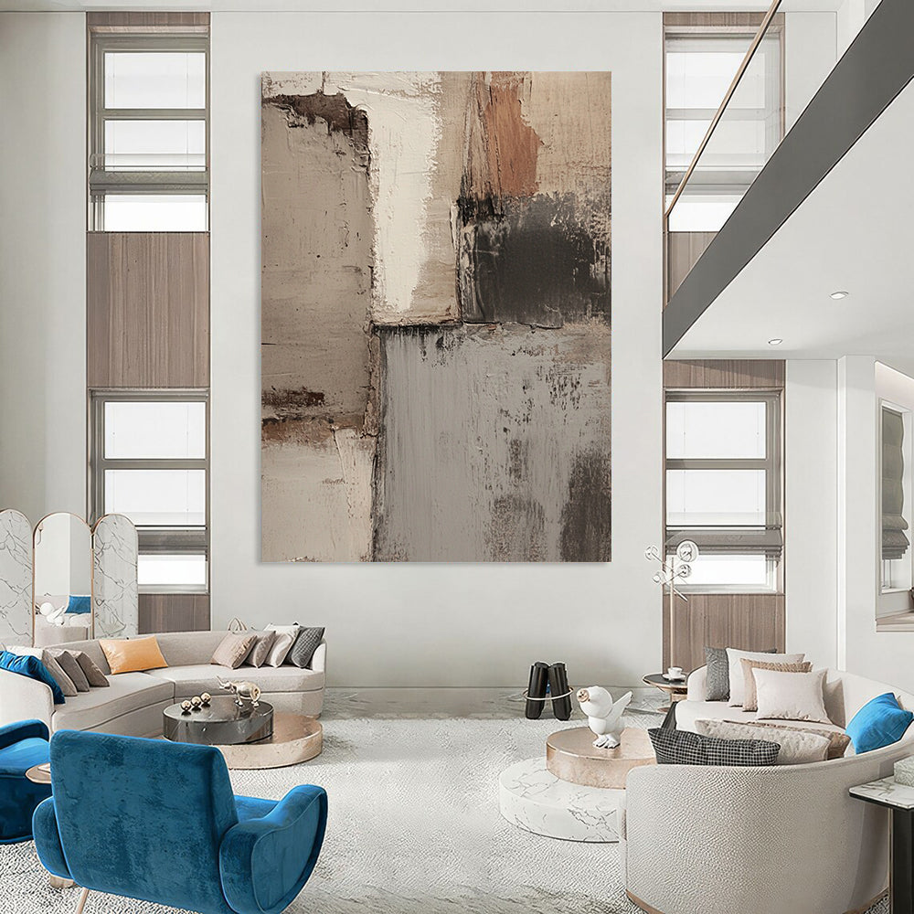 Contemporary hand-painted abstract art featuring soft neutral tones with textured strokes and a moody atmosphere perfect for modern interiors. DLZ1163