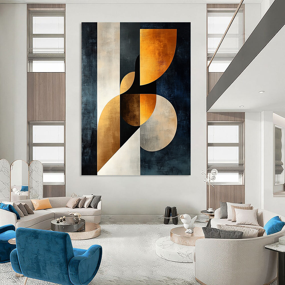 Modern abstract painting featuring elegant female form in dark blue beige and white with golden accents showcasing harmony of curves and geometric shapes. DLZ1370