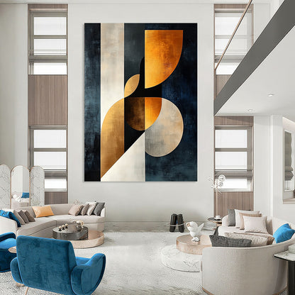 Modern abstract painting featuring elegant female form in dark blue beige and white with golden accents showcasing harmony of curves and geometric shapes. DLZ1370