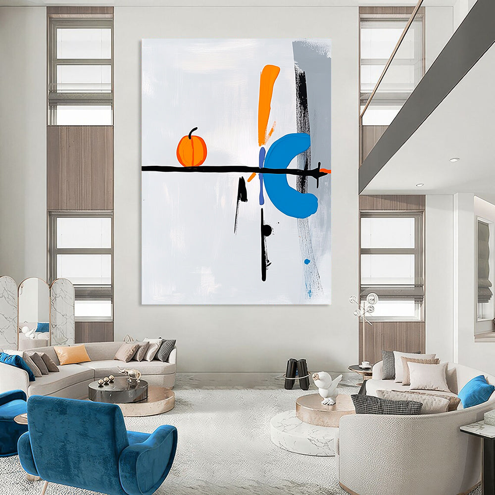 Contemporary abstract art featuring a right-pointing arrow in blue black white and orange with Oostutto text and a whimsical pumpkin element on a light grey background DLZ1336