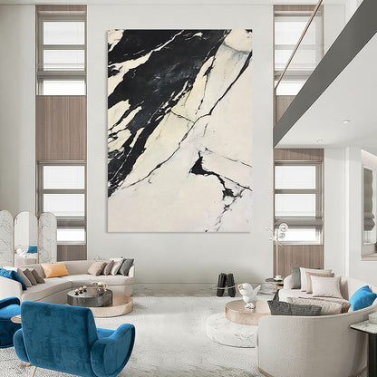 Contemporary abstract artwork featuring high-contrast black and white marble design with flowing forms on a snowy backdrop inspired by Claude Monet. DLZ1544